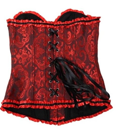 Women's Lace Up Boned Overbust Corset Body shaper top Red an Black - Picture 3 of 5
